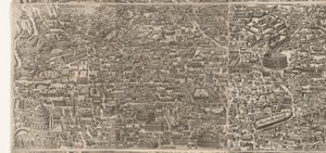 Plattegrund af Rome ti tide af keizer Augustus (mellemste blad) Et meget nøjagtigt billede af den antikke by dannet ud fra fortidsminder Afbildninger af det gamle Rom fra spor af ødelagte bygninger af Jacob Bos