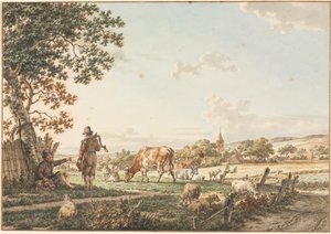 Pastoralt Landskab med Landsby