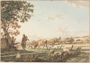 Pastoralt landskab med landsby, 1799.