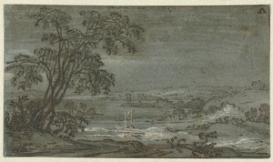 Bakket landskab med flodbøjning Aen den Rijn (titel på objekt) af Jacob Colijn