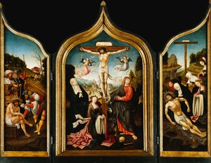 En Triptykon: Kristus på korset med Jomfruen, Magdalene, Evangelisten Johannes og Englene; på vingerne Kristus tilbød eddike før korsfæstelsen og klagesangen, smerten i haven og Ecce Homo,
