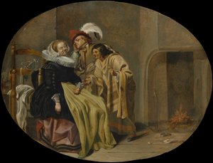 Et par i et interiør med en sigøjner-spåkone, ca. 1632-33.