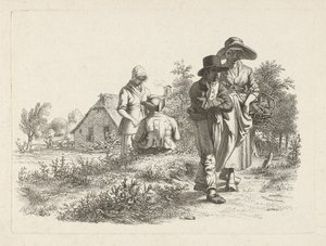 Blind kvinde og samtalende skikkelser på en gård Studietryk / Etudes gravées (serietitel) af Jacob Ernst Marcus