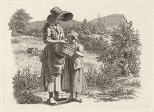 Ung kvinde og et barn kigger i en kurv Studietryk / Etudes gravées (serietitel) af Jacob Ernst Marcus