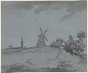 Landskab med vindmølle og kirke på en bakke af Jacob Ernst Marcus