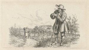 Mand lænet på en pind og en kvinde med et barn på en landevej Studietryk / Etudes gravées (serietitel) af Jacob Ernst Marcus