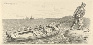 Mand trækker sin robåd i land Studietryk / Etudes gravées (serietitel)