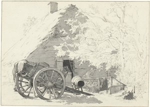 Mælkevogn med hest foran en gård