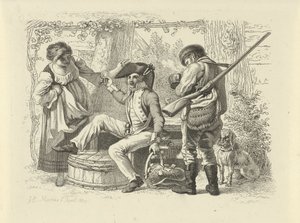 Soldat med hævet glas mellem en kvinde og en jæger Studietryk / Etudes gravées (serietitel) af Jacob Ernst Marcus