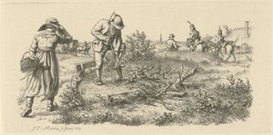 Gravende mand, en kvinde med en kurv og soldater til hest Studietryk / Etudes gravées (serietitel) af Jacob Ernst Marcus