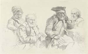 Studieark med tre gamle mænd og en ung kvinde Studietryk / Etudes gravées (serietitel) af Jacob Ernst Marcus
