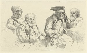 Studieark med tre gamle mænd og en ung kvinde Studietryk / Etudes gravées (serietitel) af Jacob Ernst Marcus