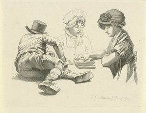 Studieark med en liggende mand og to damer Studietryk / Etudes gravées (serietitel) af Jacob Ernst Marcus