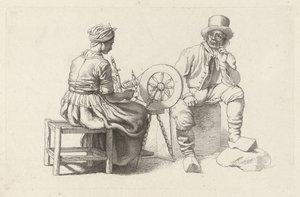 Studieark med en kvinde ved et spinnehjul og en siddende mand Studietryk / Etudes gravées (serietitel) af Jacob Ernst Marcus