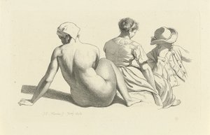 Studieark med siddende nøgen og to figurer Studietryk / Etudes gravées (serietitel) af Jacob Ernst Marcus