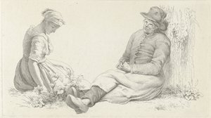 Studieark med en siddende mand og en ung kvinde Studietryk / Etudes gravées (serietitel) af Jacob Ernst Marcus