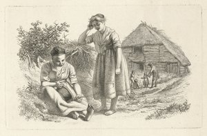 To kvinder og en mand med børn foran en lade Studietryk / Etudes gravées (serietitel) af Jacob Ernst Marcus