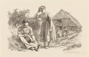 To kvinder og en mand med børn foran en lade Studietryk / Etudes gravées (serietitel) af Jacob Ernst Marcus