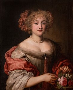 Portræt af en dame fra Colonna-familien, halvfigur, i duegrå kjole og lyserødt silkeomslag af Jacob Ferdinand Voet