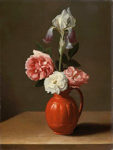 ""Buket af iriser og tre roser i en fajancegryde"" (En iris og tre roser i en lerkrukke) Maleri af Jacob Foppens van Es (ca. 1596-1666), - Olie på træ, Dim 30x29 cm Fondation Custodia