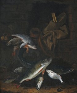 Fiskestilleben med gedde og brasen på en væg af Jacob Gillig