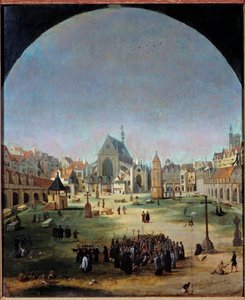de uskyldiges kirkegård og dens massegrav under Francois I. Maleri af Jakob Grimer (1526-c. 1589)