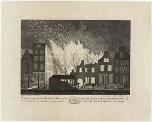 Brand i De Twee Leeuwen-bryggeriet i Rotterdam, 1782 Billede af den Brand i Rotterdam den 19. marts 1782 i Brouwery de Twee Leeuwen fra vestsiden af ​​Leuvehaven (titel på objektet) af Jacob Groenendijk
