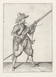 Musketer placerer sin furket nedenunder, ca. 1600