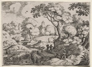 Seks landskaber: sti mellem sump og skovklædt bred, ca. 1595.