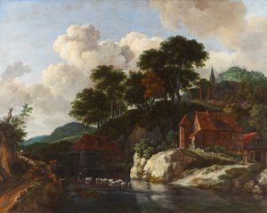 Bakket landskab med en vandmølle, ca. 1670