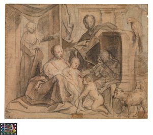 Tysk: Den hellige familie med Elisabeth og Johannes Døberen (bagside: dør, døråbning og Hermes)
Hollandsk: De Heilige Familie met Elisabeth en de kleine Johannes (side: Deur, deuropening en Hermes) af Jacob Jordaens