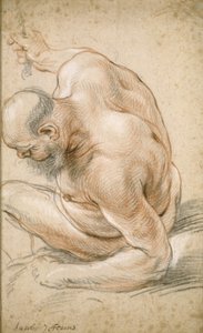 Nøgen gammel mand siddende, lænet på sin underarm, vendt mod venstre, ca. 1640