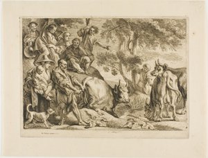Mesteren trækker koen ud af grøften ved halen af Jacob Jordaens