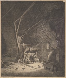 Interiør af en lade med mor og to børn, lige foran en grisekopi, 1600-tallet.