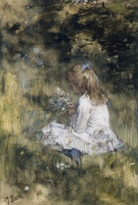 En pige med blomster på græsset Datter af Jacob Maris med blomster i græsset