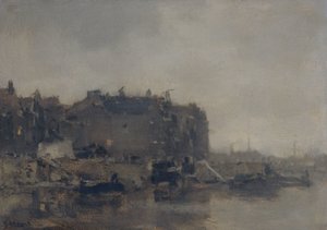 Huse på Prins Hendrikkade, Amsterdam, på en tåget dag af Jacob Maris