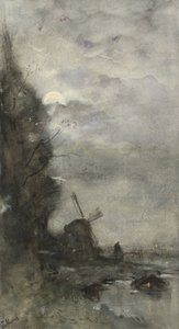 Landskab med mølle ved måneskin af Jacob Maris