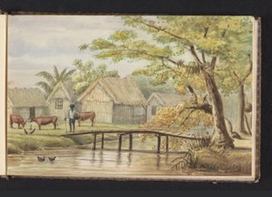 Slaveboliger på kaffeplantagen SorgvlietSlavebolig (titel på objekt)Udsigt over de sorte huse på plan(antage) Sorgvliet (titel på objekt)Album med tegninger af Surinam, s.5 (50) (serietitel)