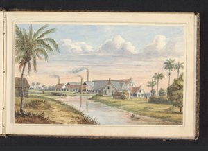 Sukkerplantage Visserszorg ved Commewijne-floden Fabryk op pl.(antage) Visserszorg (titel på objekt) Album med tegninger af Surinam, s.6 (50) (serietitel)