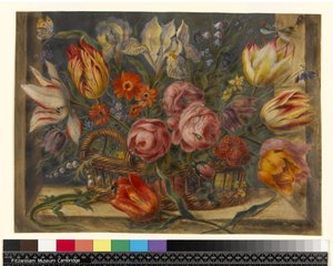 Blomsterstudie: diverse blomster i en kurv, med insekter og et firben i vinduer, 1634