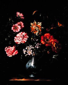 Blomster i en blå og hvid vase (olie på lærred) af Jacob Marrel