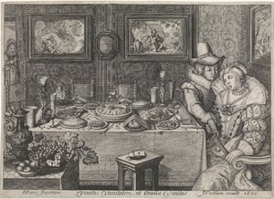 Ungt par sidder ved et overdådigt lastet bord af Jacob Matham (workshop of)