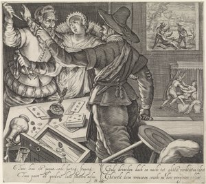 Kortspillere, der kæmper med trukket våben Kæmp på et bordel The Effects of Drunkenness (serietitel) af Jacob Matham