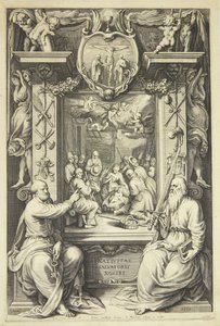 Hyrdernes tilbedelse med Peter og Paulus i en allegorisk ramme af Jacob Matham