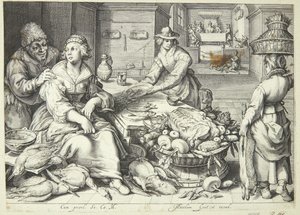 Køkkenscene med en køkkendame, der plukker fjerkræ af Jacob Matham