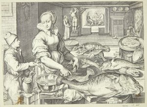 Køkkenscene med en køkkendame, der renser fisk af Jacob Matham