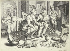 Køkkenscene med en mand og en kvinde, der steger en kylling af Jacob Matham