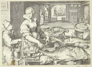 Køkkenscene med en køkkendame, der renser fisk af Jacob Matham
