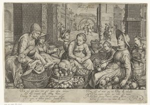 Markedsscene med lignelsen om arbejderne i vingården i baggrunden, ca. 1600 af Jacob Matham