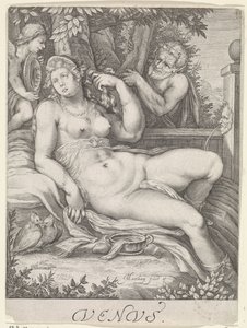 Venus spioneret af en satyr Venus (titel på objekt) af Jacob Matham